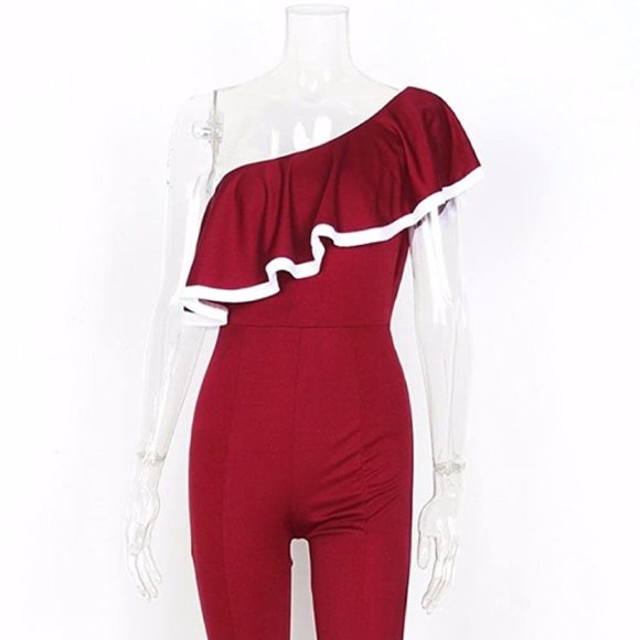 NWT One Shoulder Ruffle Bell Bottom 70s Jumpsuit. - Picture 7 of 7
